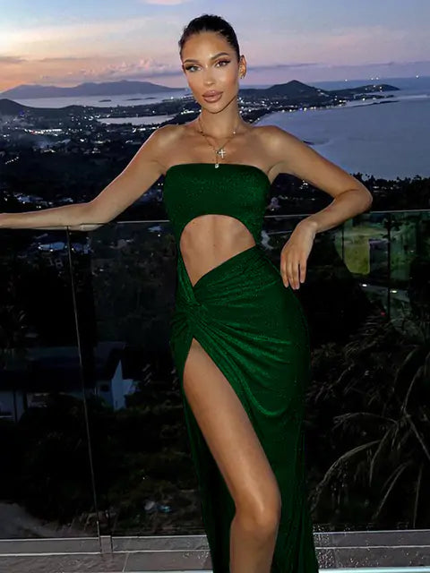 Hollowed-Out Strapless High Split Maxi Dress