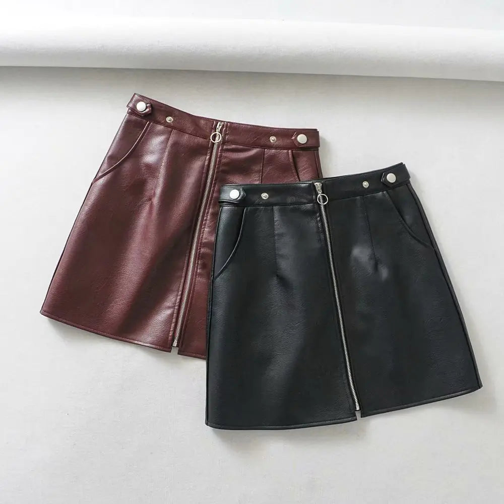 High Waisted Slim Zipper Leather Mini Skirt