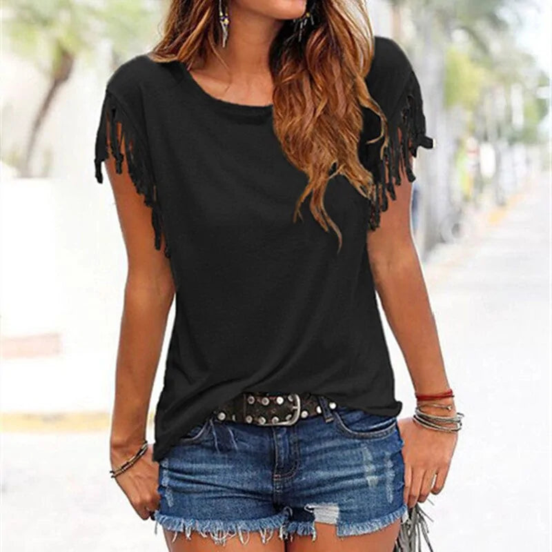 Women's Solid Summer Tassel T-shirt