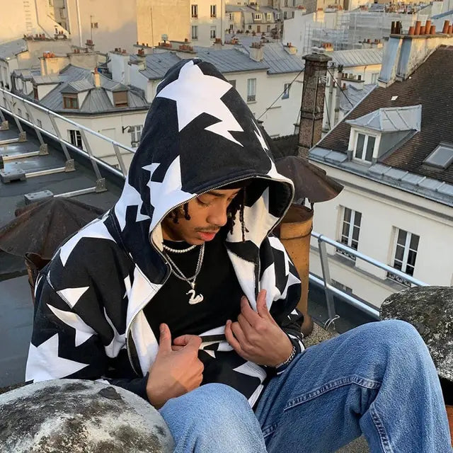 Star Print Zip Up Hoodie