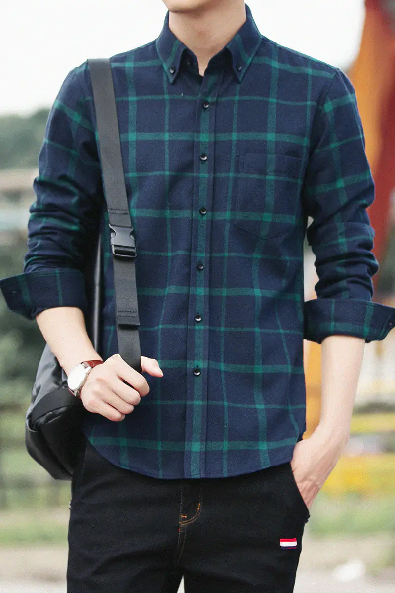 Men's Casual Slim Fit Plaid Button-Up