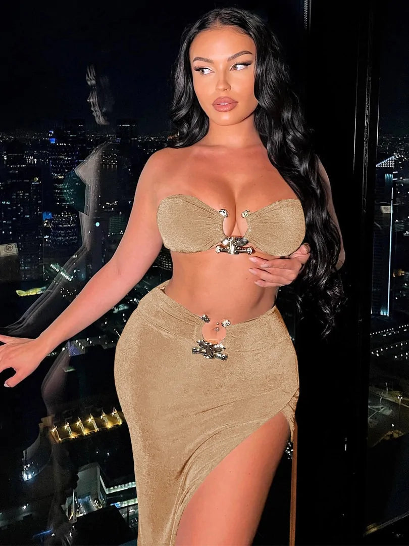 Strapless Crop Top Split Dress