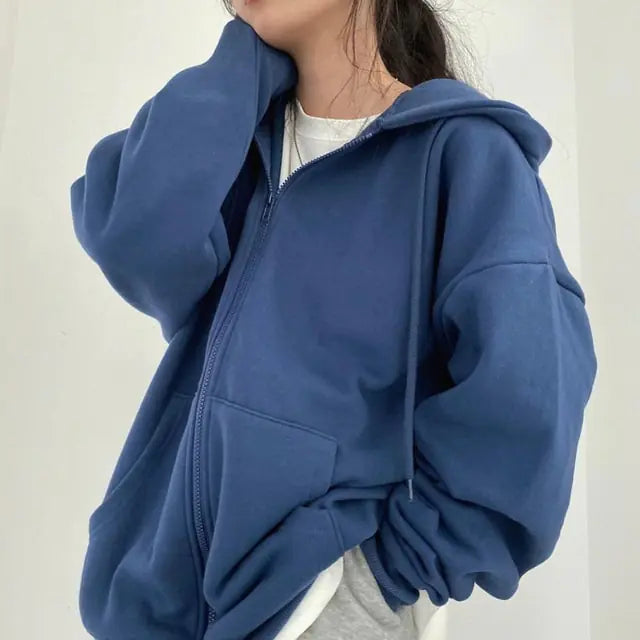 Women's Oversized Drawstring Zip-Up Hoodie