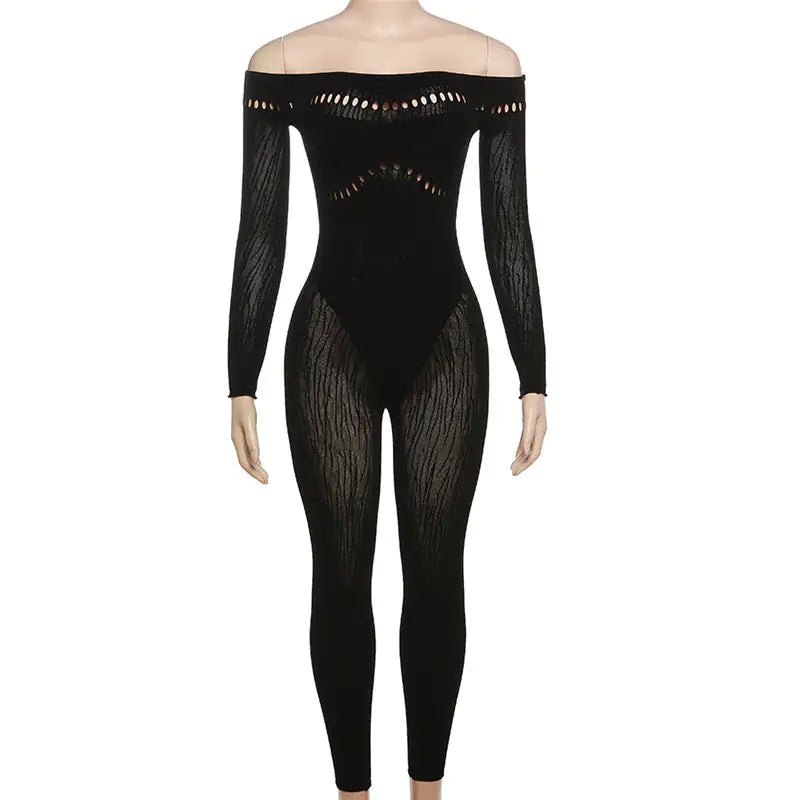 Twin Flame Off-Shoulder Cutout Mesh Jumpsuit