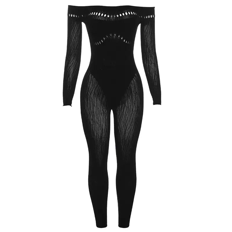 Twin Flame Off-Shoulder Cutout Mesh Jumpsuit