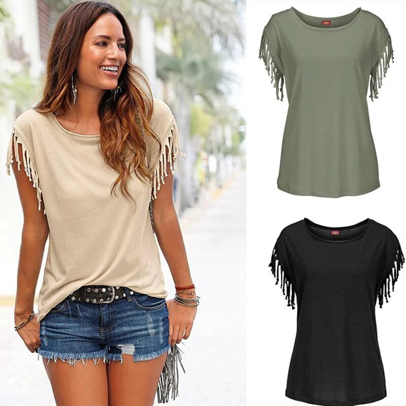 Women's Solid Summer Tassel T-shirt