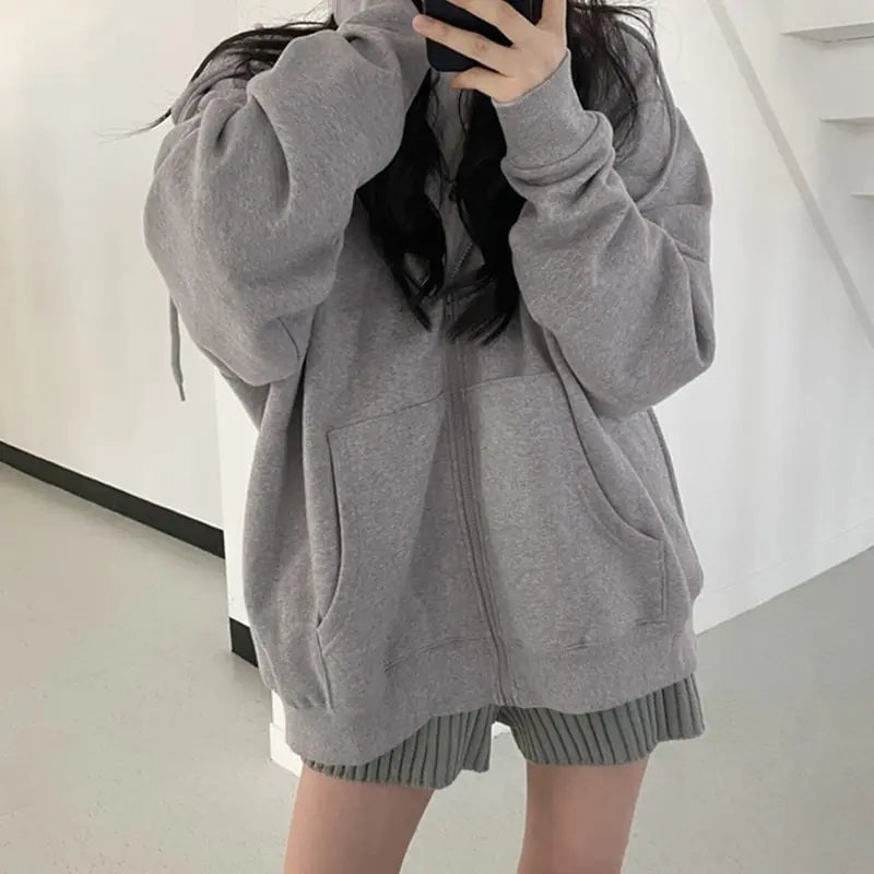 Women's Oversized Drawstring Zip-Up Hoodie
