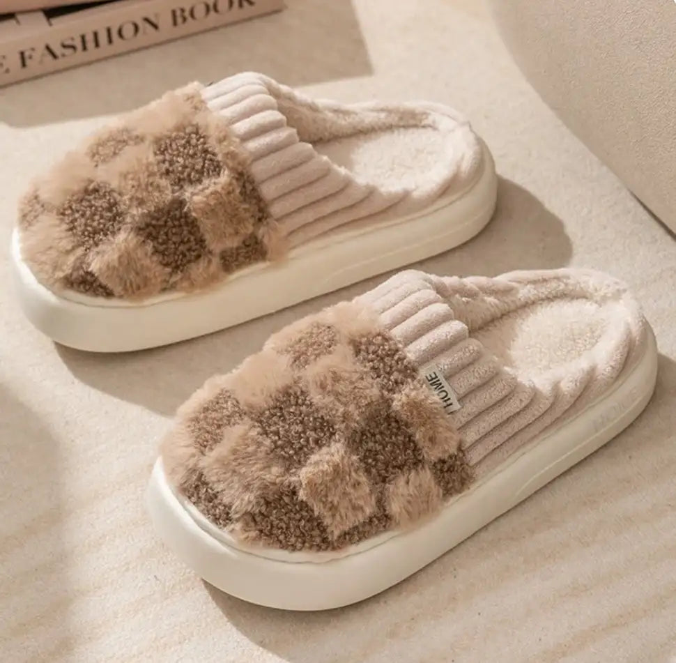 Checkered Fluffy Fur Slippers