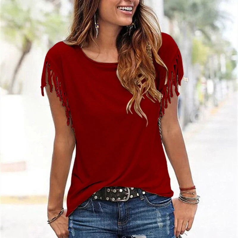 Women's Solid Summer Tassel T-shirt