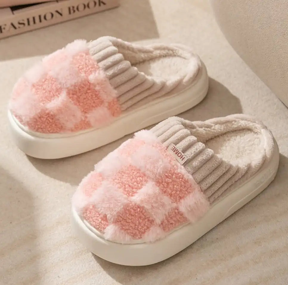 Checkered Fluffy Fur Slippers