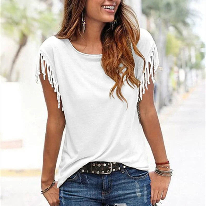 Women's Solid Summer Tassel T-shirt