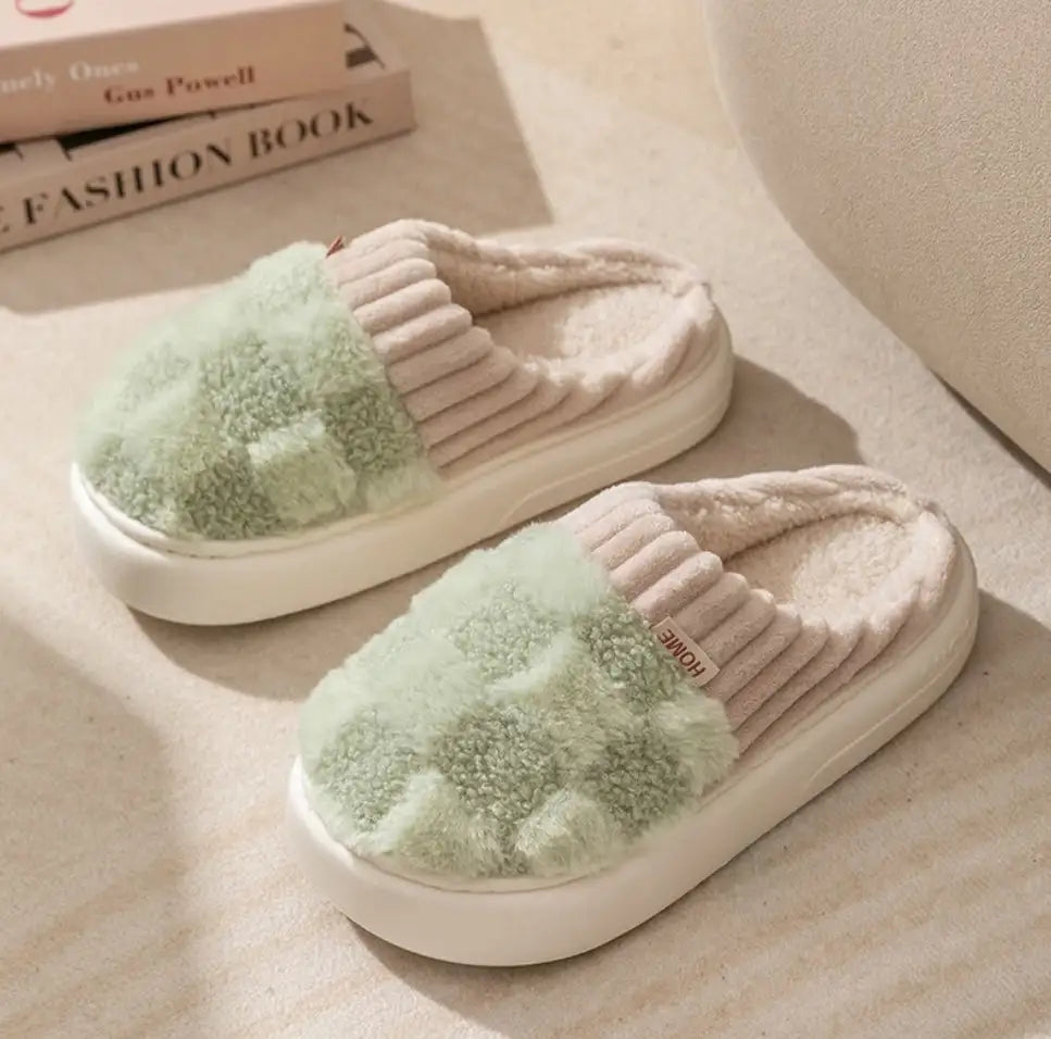 Checkered Fluffy Fur Slippers