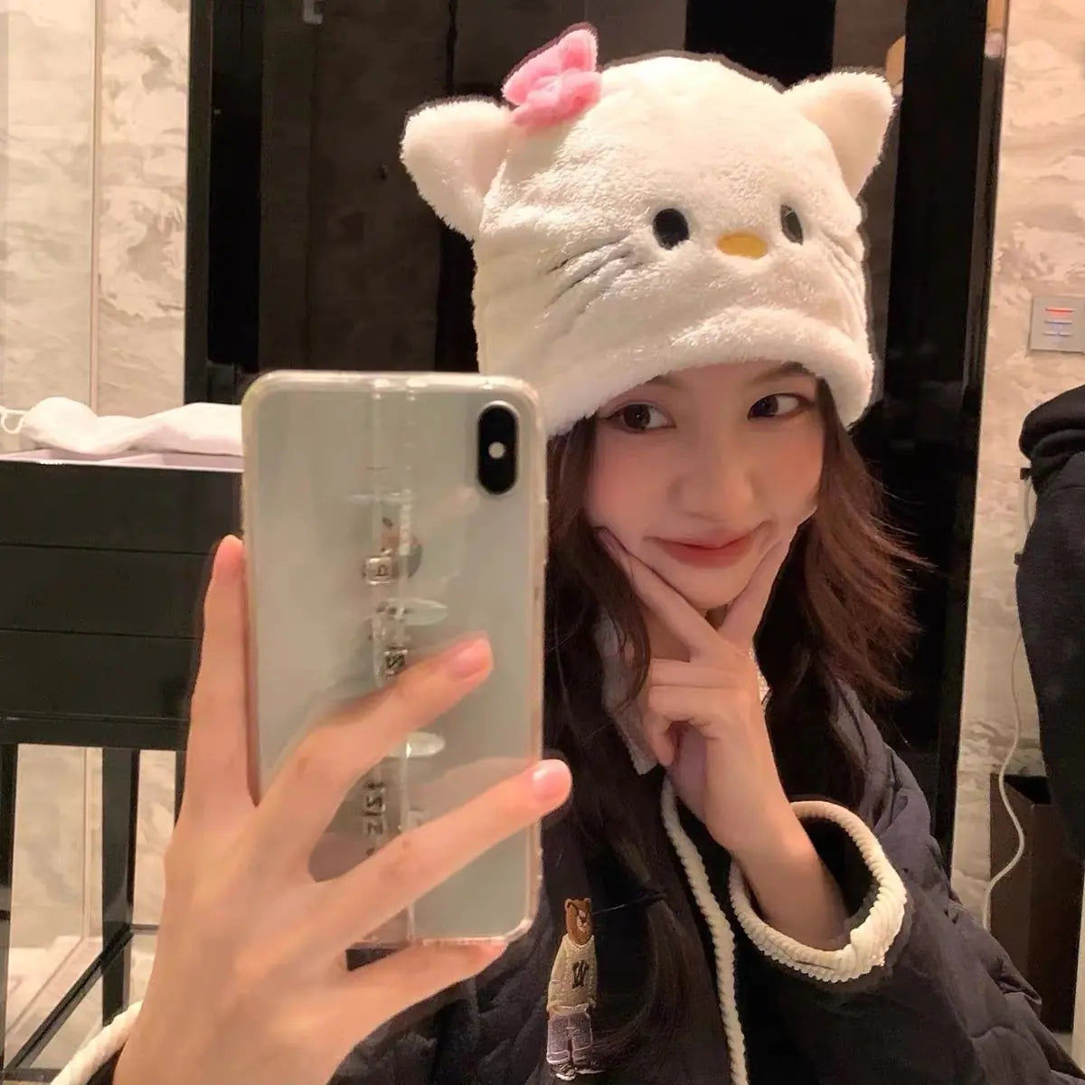 Animal Fuzzy Hat with attached Mittens