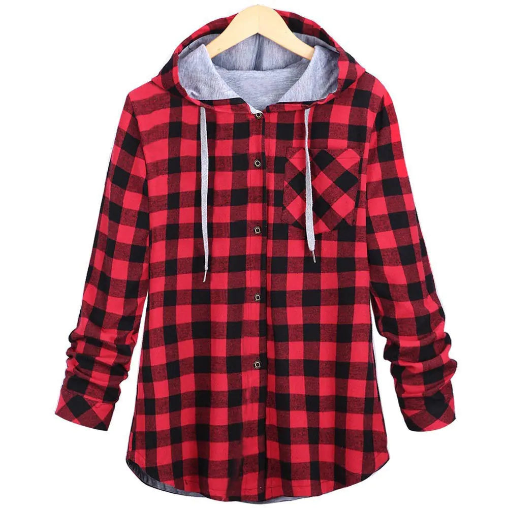 Women's Checkered Hooded Flannel Cardigan