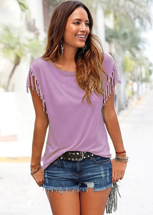 Women's Solid Summer Tassel T-shirt