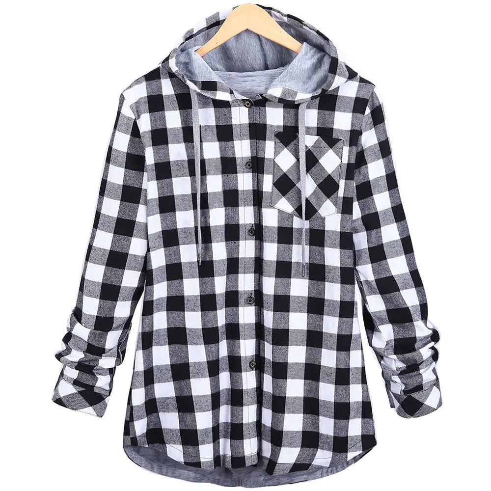 Women's Checkered Hooded Flannel Cardigan