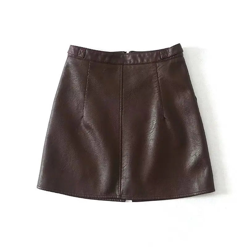 High Waisted Slim Zipper Leather Mini Skirt