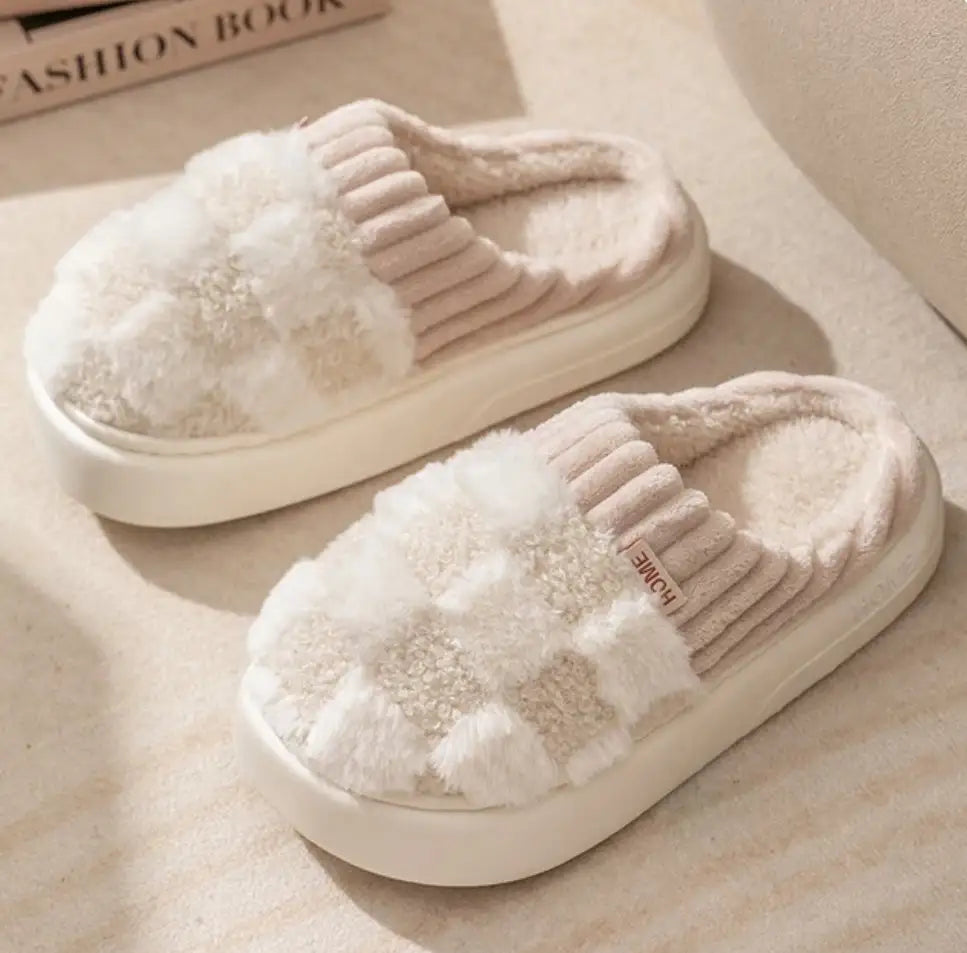 Checkered Fluffy Fur Slippers