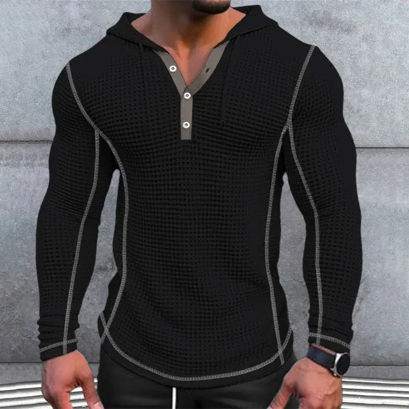 Hooded Long Sleeved Quarter-Button Shirt