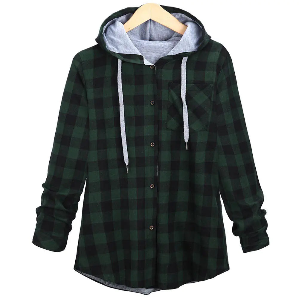 Women's Checkered Hooded Flannel Cardigan
