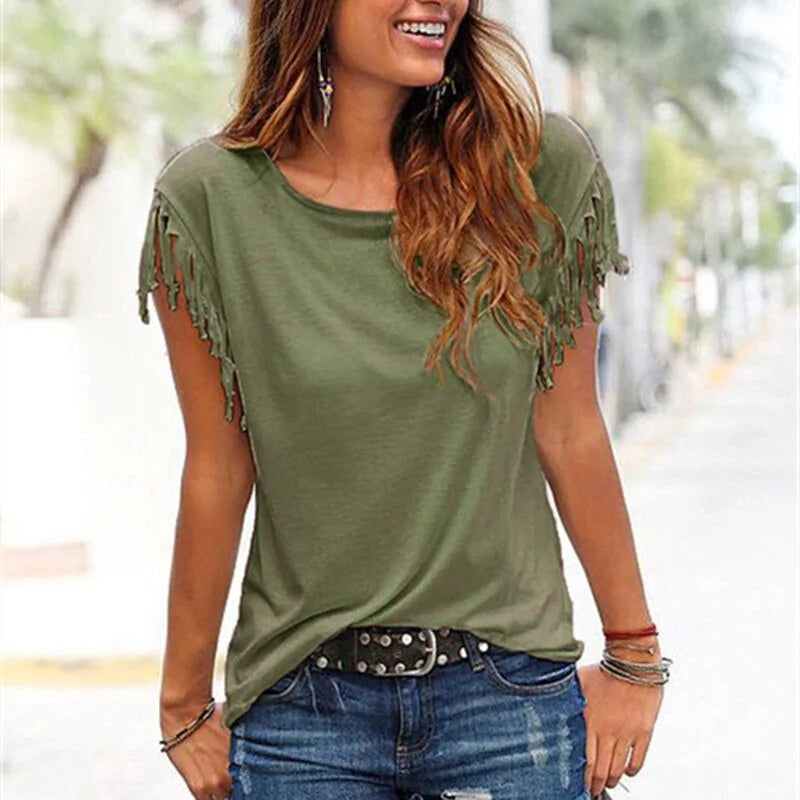 Women's Solid Summer Tassel T-shirt