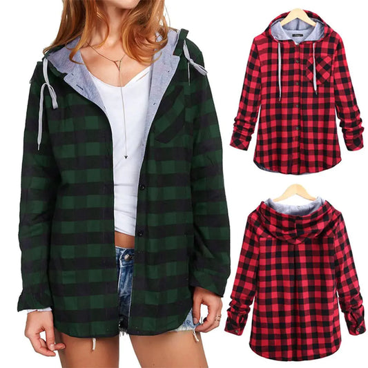 Women's Checkered Hooded Flannel Cardigan