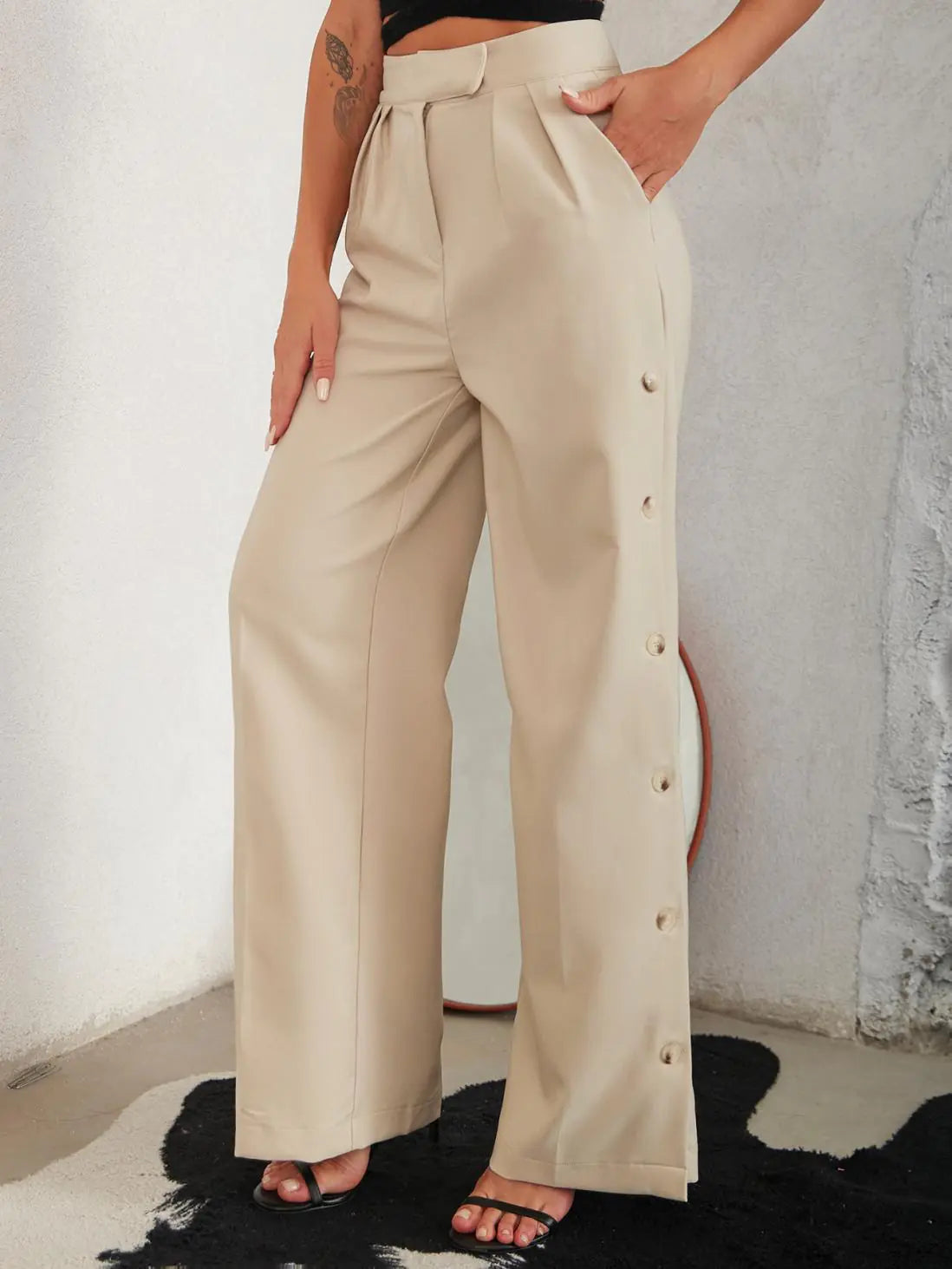 Side Button Pleated Wide Legged Pants