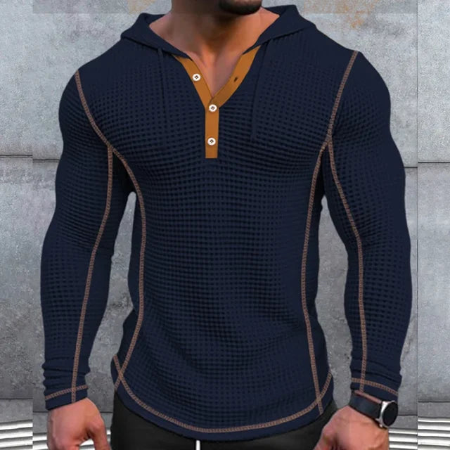 Hooded Long Sleeved Quarter-Button Shirt