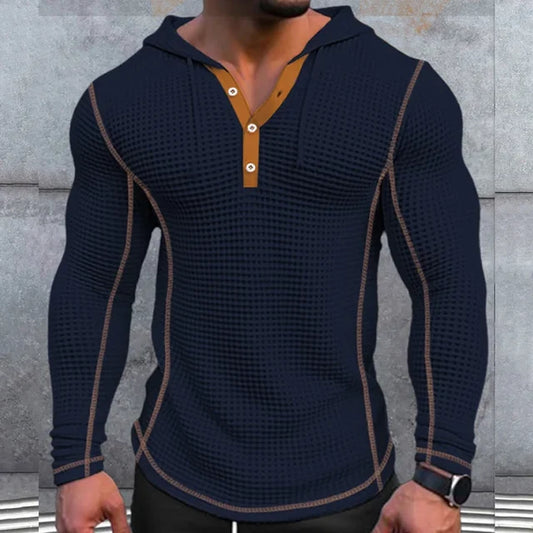 Hooded Long Sleeved Quarter-Button Shirt