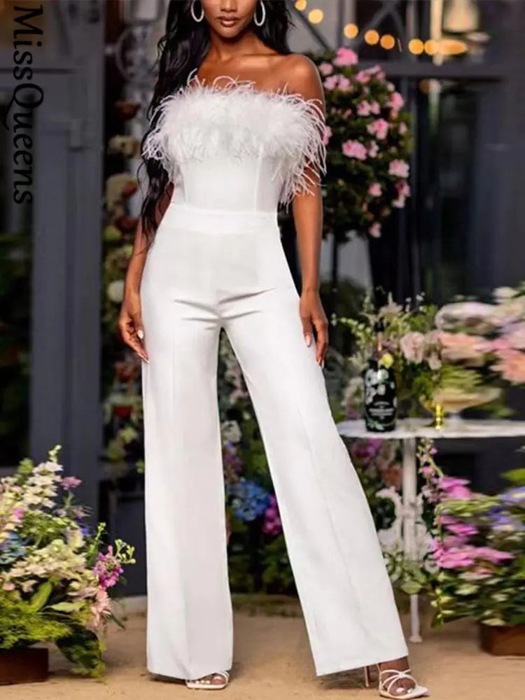 Women's Sequined Feather-Paneled Jumpsuit