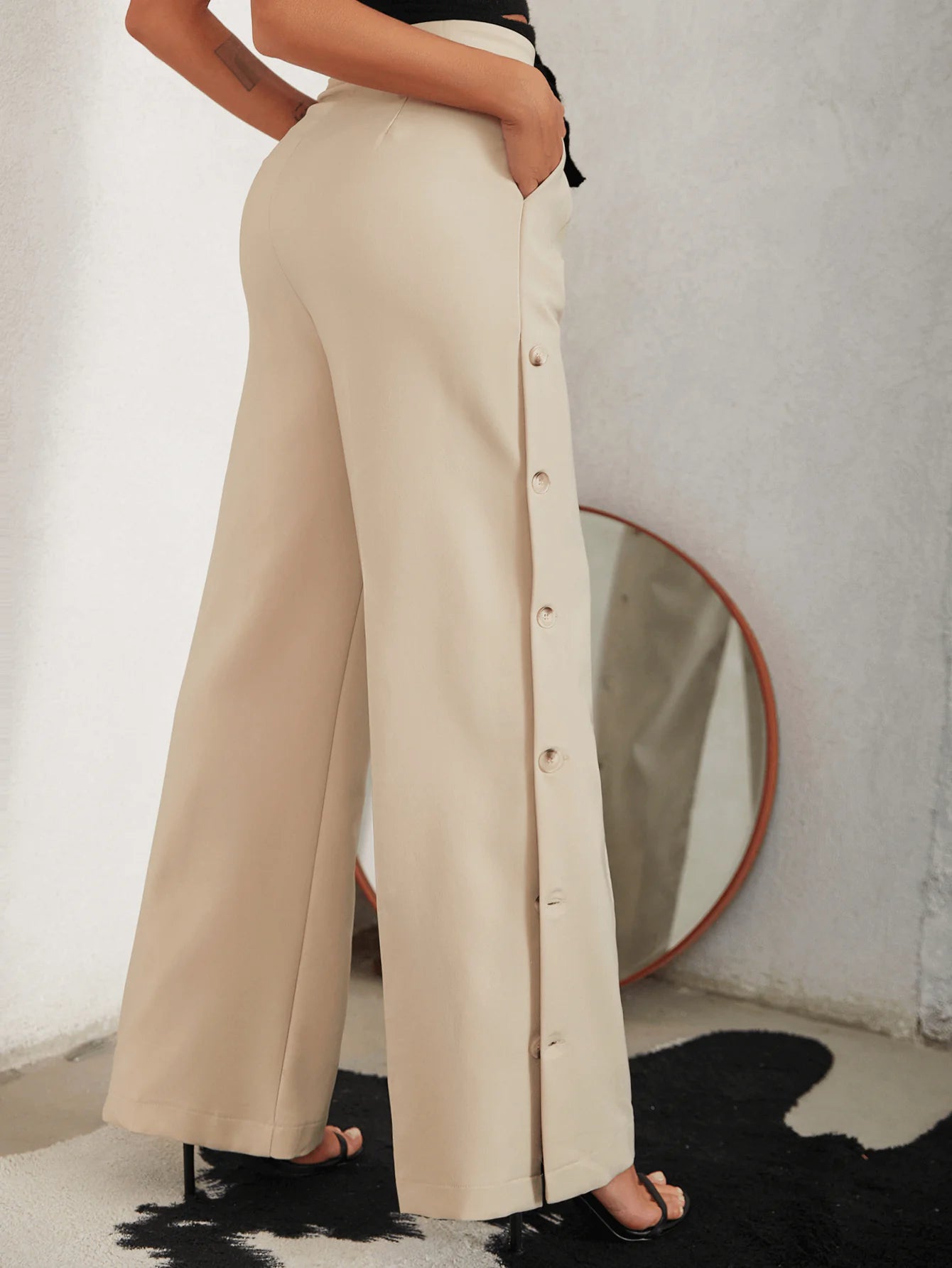 Side Button Pleated Wide Legged Pants
