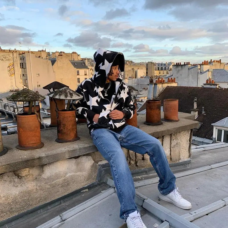Star Print Zip Up Hoodie