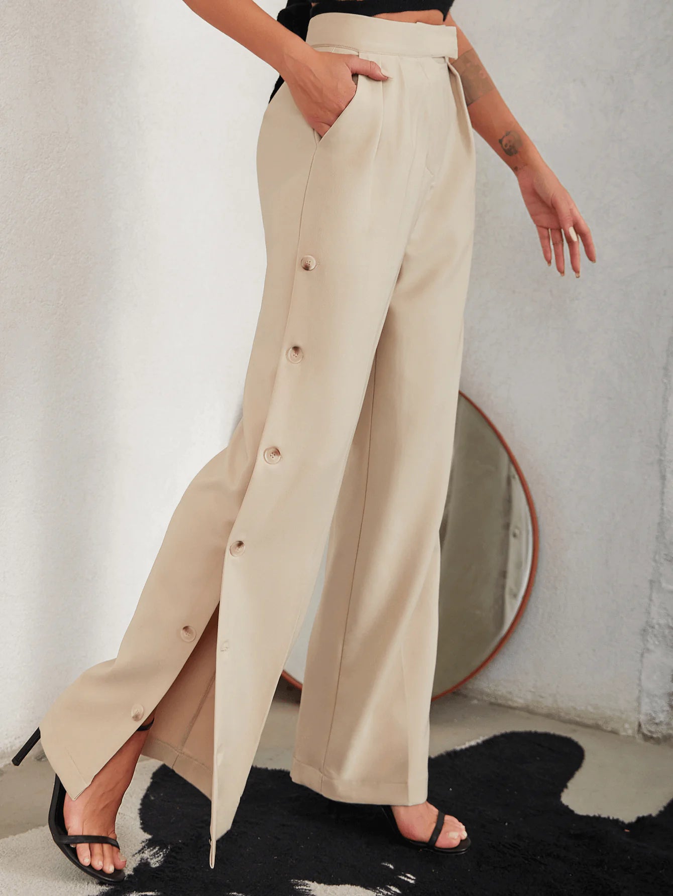 Side Button Pleated Wide Legged Pants